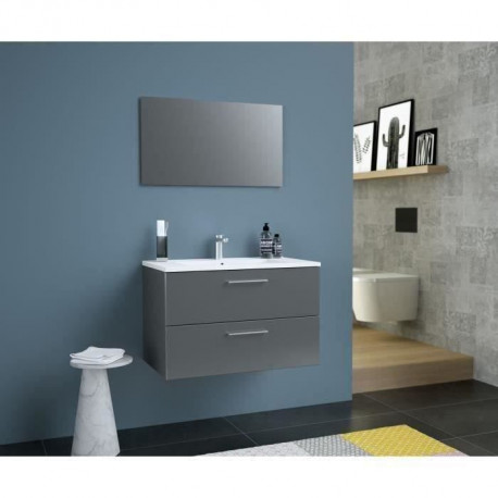 GLOSSY Meuble de Salle de bain simple vasque L 80cm - Gris foncé laqué brillant