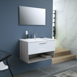 BENTO Salle de bain simple vasque + miroir L 80 cm - 1 tiroir a fermeture ralentie - Blanc et chene