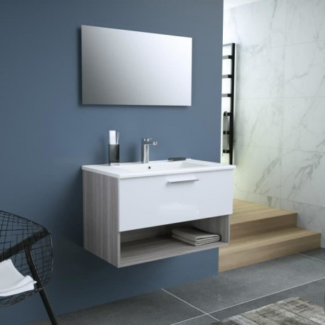 BENTO Salle de bain simple vasque + miroir L 80 cm - 1 tiroir a fermeture ralentie - Blanc et chene
