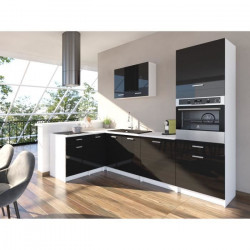 EXTRA - Cuisine complete d'angle colonne L 300cm - Noir Laqué