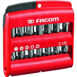 Etui de 28 Embouts + Porte-embouts court a jonc FACOM E.120PB (3 empreintes Fente + 6 Prozidriv + 6 Phillips + 9 Torx + 4 x 6…