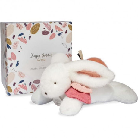 Doudou et Compagnie - Peluche Lapin - 25 cm - Lapin Pompom Blanc/Terracotta -  Jolie Boîte Cadeau - Happy Boho - Happy Doudou…