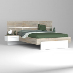 PRADO Lit adulte contemporain 140x200 cm avec  2 chevets supendus 1 tiroir - Décor chene