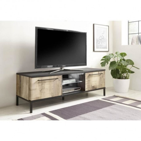 Meuble TV - Noir/Bois Vintage -  L 156 x P 51 x H 50 cm - 2 portes - MANTOVA