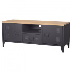 Meuble TV 3 portes 1 niche - En métal et plateau imitation bois - Noir - MODULO