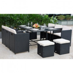 Ensemble repas de jardin encastrable 6 personnes - Table + fauteuils + poufs - Noir