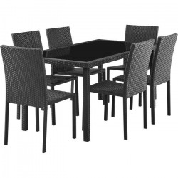 Ensemble repas de jardin - table en verre trempé et 6 chaises en résine tressée noir - Table 160x80x73 cm - Chaise : 44x54x88…