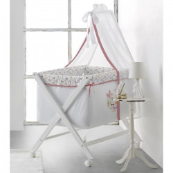 TANUKI - Berceau complet en bois SWEET UNICORN - Matelas + Sommier + Couette + Ciel de lit + Literie - 4 Roues - Rose