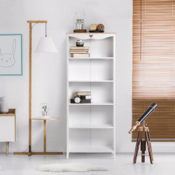 Bibliotheque enfant HARO - MDF et Pin Massif - Décor Chene et laqué blanc  - 4 étageres- L70 x P35 x H180 cm