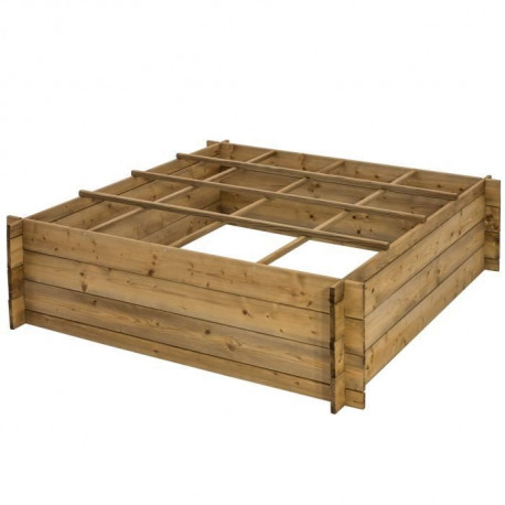 EKJU - Carré potager 16 séparations en pin du Nord de l'Europe FSC teinté brun - 350 L - 120 x 120 x 35 cm