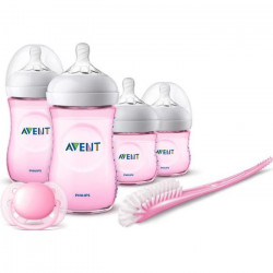 PHILIPS AVENT SCD301/03 Lot de 2 biberons 125ml + 2 biberons 260ml Natural + 1 brosse + 1 sucette - Rose