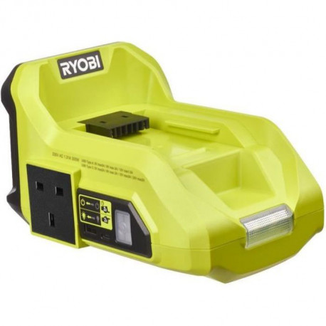 RYOBI MAX POWER Transformateur sans fil 36V : 300 W-500 W - 3 ports: 1 électrique EU + 1 USB-A + 1 USB-C - Lampe LED - Sans b…