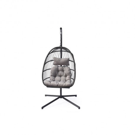 Fauteuil suspendu en résine tressée avec coussins et support - 1 personne - Gris clair