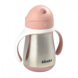 BEABA, Biberon/Tasse d'apprentissage /Gourde Bébé 2 en 1 Inox, Tasse Paille Enfant, 100% étanche, Anti-fuite, 250ml, Rose