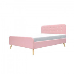 Lit adulte ASHBY - 160 x 200 cm -Tissu - Aspect lin rose + boutons blancs  - Sommier inclus