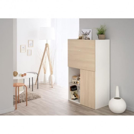 EKIPA Meubles multi fonction 2 portes - Décor chene clair et Blanc - L 80 x P 48 x 137 cm - FLIP