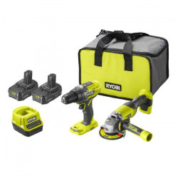 RYOBI ONE+ Pack duo perceuse meuleuse 18V sans fil - 2 batteries de 2Ah et un sac de transport