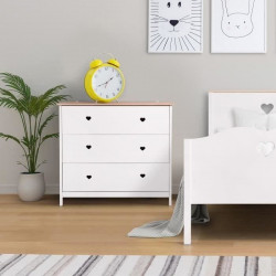 Commode enfant 3 tiroirs - Décor Chene et laqué blanc -MDF et Pin Massif - L90 x P 39 x H81 cm - HARO