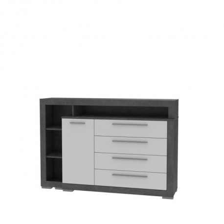 Commode 4 tiroirs 1 porte - Blanc et béton gris foncé - L 161,8 x P 42 x H 107,4 cm - JULIETTA