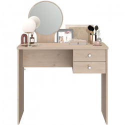 PARISOT Coiffeuse 2 tiroirs - Décor chene + miroir rond - L 91,7 x P 47,6 x H 124,7 cm - GABY