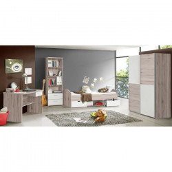 Chambre complete enfant - Lit avec tiroirs + bureau + armoire + étageres - Décor chene cendré/Blanc mat - LUPO