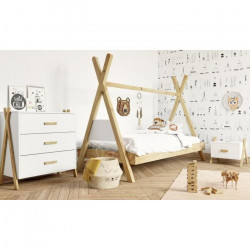 Chambre complete enfant Amarok - Lit + chevet + commode - Style scandinave - Pin massif et MDF - Blanc et naturel