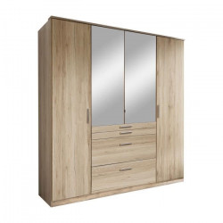 Armoire - Panneaux de particules - Aspect chene San Remo - 4 portes miroir - Chambre - L 180 x P 58 x H 198 cm