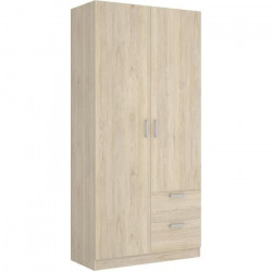 Armoire en panneaux de particules - Décor chene - 2 portes + 2 tiroirs - Style Essentiel - Chambre - L 100 x P 52 x H 215 cm