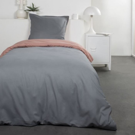 TODAY Parure de lit Coton 1 personne - 140x200 cm - Bicolore Gris et Rose Louise