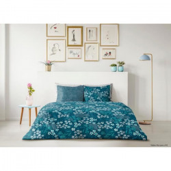 LOVELY HOME Parure de couette 220x240 cm + 2 taies d'oreiller 65x65 cm - 100% Coton MALMO - Bleu paon
