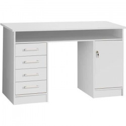 Bureau droit a clés - Décor papier blanc - Classique, contemporain et essentiel - L 126 x P 55 x H 76 cm - 1 porte et 4 tiroirs