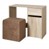 Bureau droit en bois MDF - Tissu Taupe - L 90 x P 40 x H 75 cm - 1 tiroir 1 porte + 1 pouf - ALICE