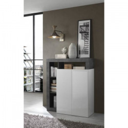 Buffet - Blanc Lacqué Brillant et Imitation Oxyde - 2 Portes - MAESTRO - L 108 x P 42 x H 93 cm