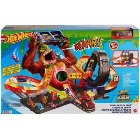 Hot Wheels - Coffret Attaque du Gorille Toxique, lumieres et sons, 1 voiture 1/64e incluse - Circuit / Petite Voiture - Des 5…