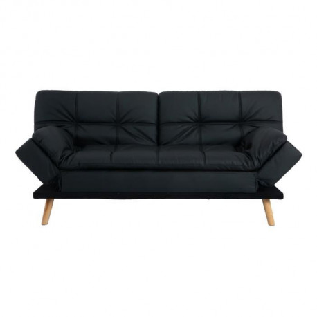 ZORA Banquette convertible clic-clac 3 places - Simili noir et pieds en bois  - L 188 x P 88 x H 88 cm