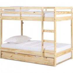 Lit superposé enfant avec tiroir lit - Bois Pin massif - Naturel - Sommiers inclus - 3 x 90 x 190 cm - FOSTER