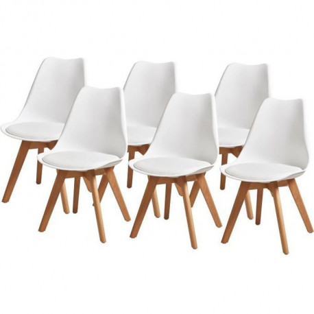 BJORN Chaises - Simili Blanc - Pieds en Hetre - Lot de 6 - L 48,5 x P 58 x H 83 cm