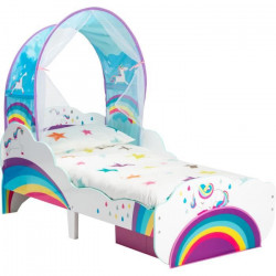 Lit pour enfant licornes et arcs-en-ciel avec ciel de lit et tiroir de rangement pour matelas 140cm x 70cm