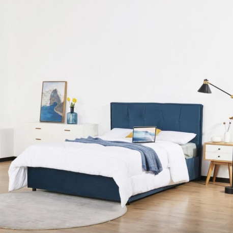 Lit adulte  OCTAVE - 140 x 190 cm  - Tissu - Bleu foncé  - Sommier a lattes