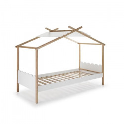 NUVEM Lit cabane enfant en bois pin massif et MDF laqué - Décor naturel et blanc - l90 x L190 cm