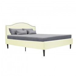 Lit adulte classique  NAILHEADS - 140 x 190 cm - Tissu - Beige - Tete de lit cloutée et pieds bois - Sommier inclus