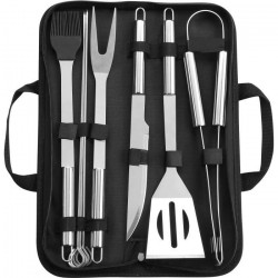 Valisette de 6 ustensiles en acier inoxydable pour barbecue ou plancha (Spatule, pince, Pic a Brochettes etc.)